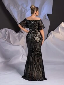 Glamrae 加大码黑色透明奢华图案深 V 领荷叶边袖优雅美人鱼晚礼服正式舞会婚礼宾客礼服，适合毕业典礼、晚宴派对礼服