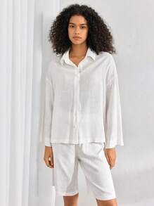 Ocili Leisure Ladies' Solid Color Long Sleeve Front Button Top And Shorts Summer Pajama Set - White - View 6