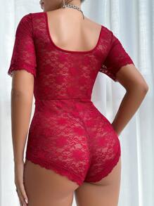 Women's Deep V-Neck Lace Romper With Chain Design And Sheer Elements, With Shorts - Burgundy - View 2