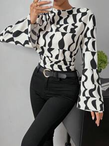 SHEIN Privé Áo sơ mi tay loe in hình Geo - Màu be - Xem 5