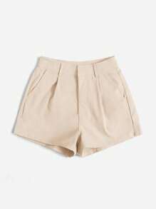 SHEIN Essnce Phong cách nghỉ dưỡng Quần short dệt xếp nếp màu trơn - Màu be - Xem 3