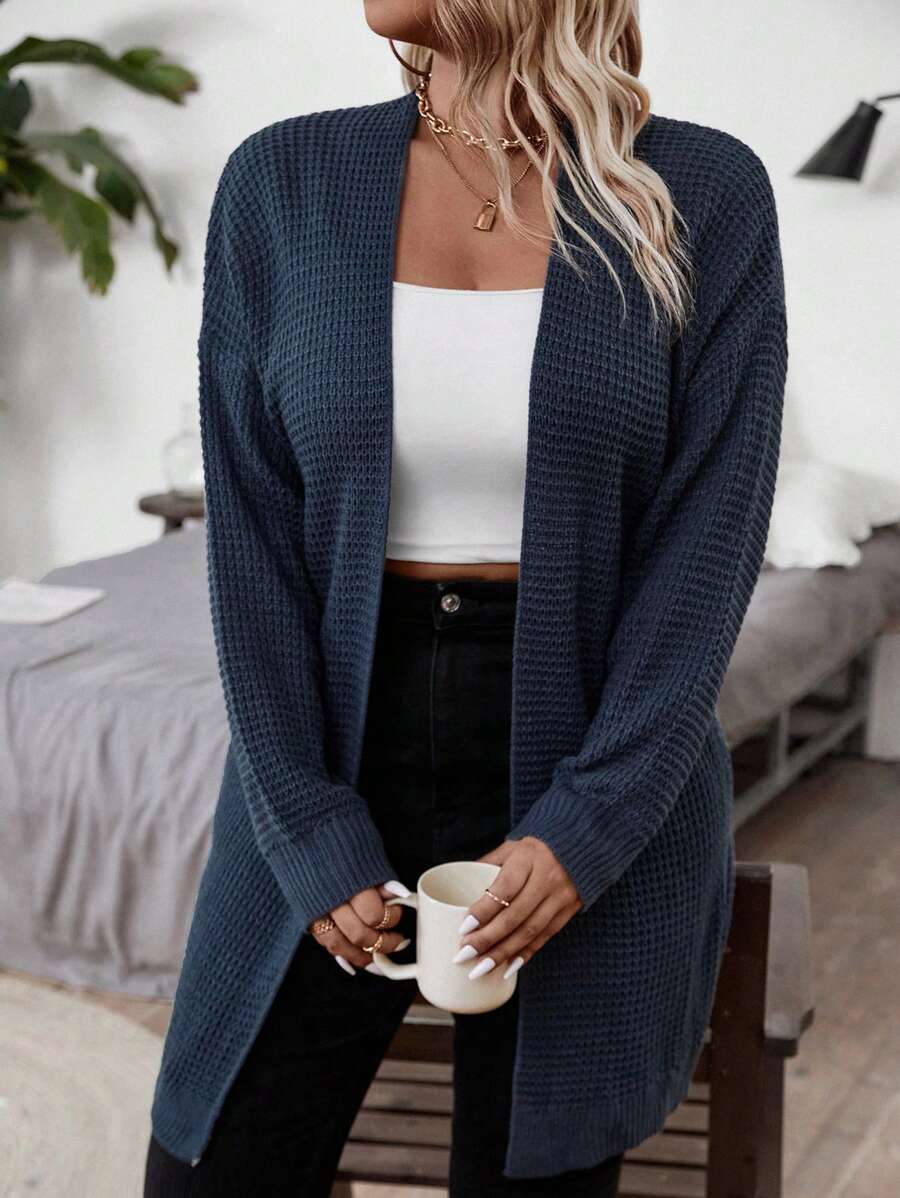 SHEIN LUNE Einfarbige einfache Lange Ärmel Strickjacke in Großen Größen für Damen, für den Winter