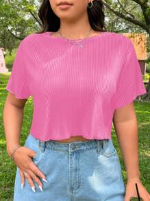 SHEIN EZwear Camiseta casual de manga corta y cuello redondo en unicolor para mujeres de talla grande, verano