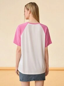 Gudetama X SHEIN 女性夏季卡通蛋與字母印花色塊拉格蘭袖T恤 - 白色 - 查看 2