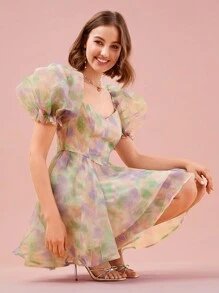 Enchnt Colorful Tie-Dye Puff Sleeve Dress