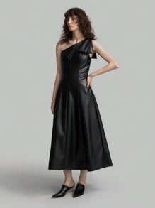 Ontre Women Asymmetrical Shoulder Swing Dress, Autumn Casual Dress For Party, Back To School Outfit - Black - View 3