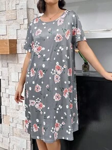 Váy ngủ tay ngắn đơn giản hàng ngày họa tiết hoa dành cho nữ, Moo Moo - Màu xám đen - Xem 1