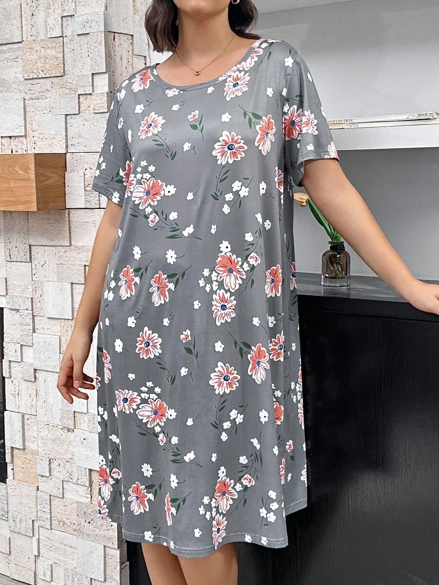 Váy ngủ tay ngắn đơn giản hàng ngày họa tiết hoa dành cho nữ, Moo Moo - Màu xám đen - Xem 1