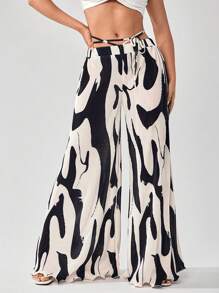 SHEIN SXY 女士幾何印花闊腳鬆緊帶寬鬆休閒褲 - 黑與白 - 查看 4