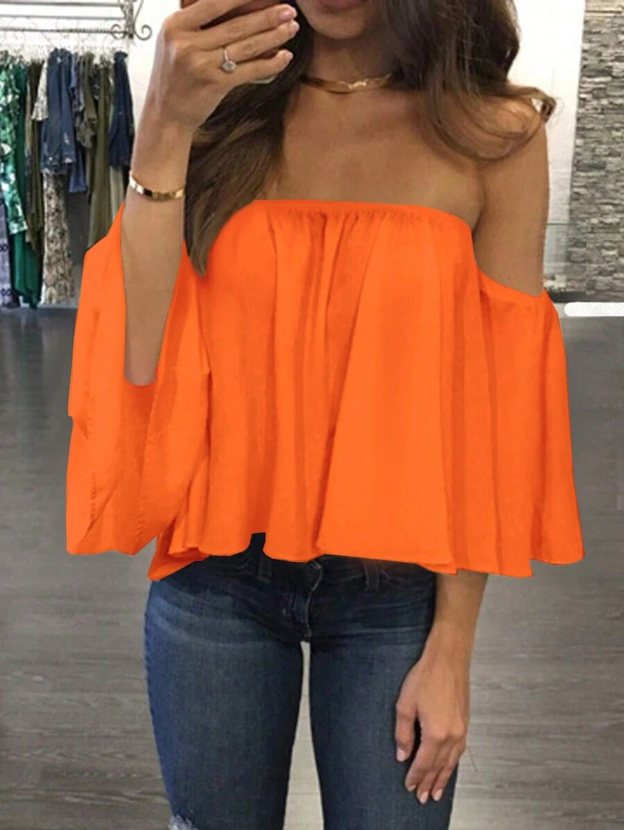 EMERY ROSE Camisa de hombro descubierto de unicolor para ocio en vacaciones - Naranja - Ver 1