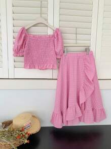 Tween Girl's Off-Shoulder Puff Sleeve Short Top & Ruffle Hem Mini Skirt Set - Pink - View 1