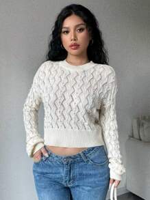 Chiquease Casual Hollow Knit Sweater With Beaded Trim For Spring And Autumn Knit Pullover Fall Winter Outfit - Apricot - View 4