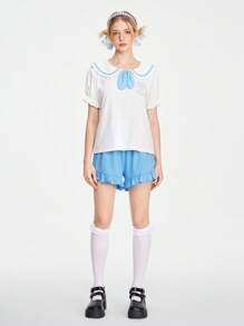 ROMWE Kawaii Bộ đồ ngủ nữ hải quân, thắt nơ cổ Peter Pan tay phồng áo thêu mèo dễ thương & quần short viền nhún bèo - trắng - Xem 3