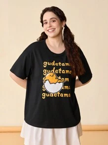 Gudetama X SHEIN Camiseta negra floja de manga corta con patrón de huevo impreso fresco 'Dopamina' linda y casual de talla grande para el verano, estilo urbano - Negro - Ver 7