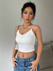 Chiquease Lace Patchwork Camisole With Solid Color Spaghetti Strap And Cup