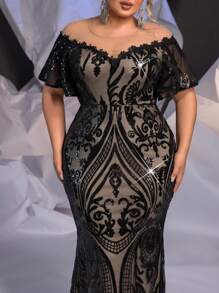 Glamrae 加大码黑色透明奢华图案深 V 领荷叶边袖优雅美人鱼晚礼服正式舞会婚礼宾客礼服，适合毕业典礼、晚宴派对礼服