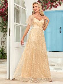 V領刺繡蕾絲A字禮服晚裝 - 金色 - 查看 6