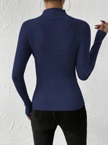 EMERY ROSE Fitted Long Sleeve Ribbed Stand Collar Sweater Knit Pullover Fall Winter Outfit - Royal Blue - View 2