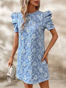 SHEIN Clasi Puff Sleeve Textured Jacquard Women's Old Money Style Teacher Clothes Back To School Fall Women Old Money Style Dress,Pastel Dresses For Women