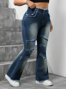 SHEIN ICON Women's Plus Size Patchwork Fringe Hem Flared Casual Jeans