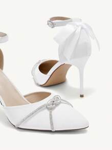 CUCCOO HITCHD Fashionable Pointed Toe High Heels With Thin Heels, White Wedding Shoes With Rhinestone And Bowknot For Women
