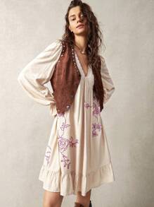 Bohemela Vacation Embroidery Women's Casual Mid-Length Dress, Beige Color, Summer - Apricot - View 8