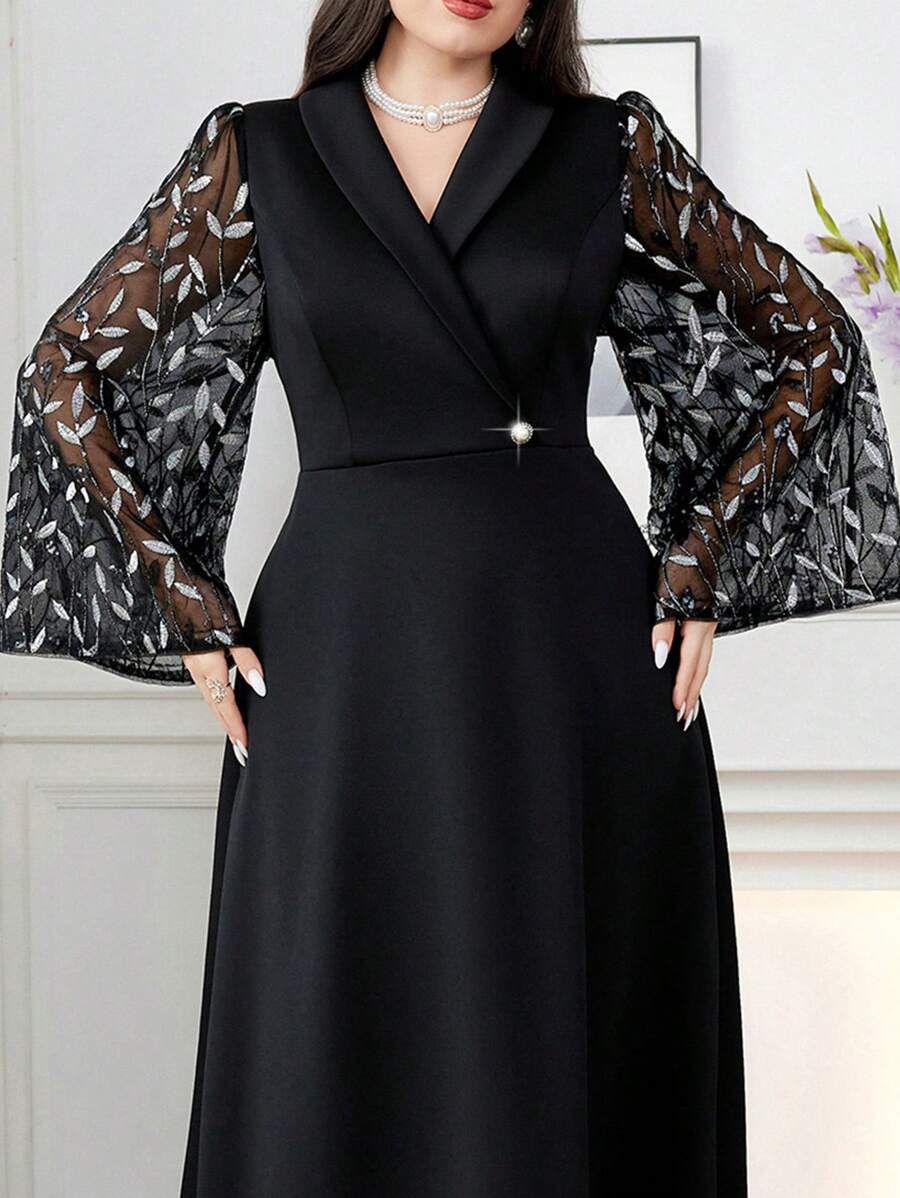 Modelyn 大尺碼女裝V領網紗袖裝飾連衣裙 - 黑色 - 查看 1