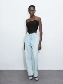 Maija Solid Asymmetrical Hem Bandeau Tube Top For Summer  Romantic, Fashion, Versatile; Suitable For Summer Vacation, Comfortable, Bohemian Style, Beach Wear, Swimsuit Cover-Up, Stylish, Elegant, Casual, , Simple Daily Wear, Country Style, Essential, Solid Color, Holiday Casual, Decent, Single Lady, Ideal For Vacation Elegant Fashion Business Casual Woman Going Out Tops Graduation Outfit European Summer Hawaii Outfits Women Summer Dresses For Women Streetwear Women Stockholm Style Teacher Outfits For Women - Black - View 2