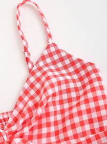 Sweetra Cami-top met gingham-print en knoop aan de voorkant met ruches aan de zoom