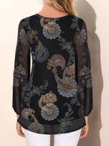 CheersLife Top tunica alla moda a manica lunga da donna, casual con collo rotondo, blusa floreale con doppio strato in maglia per una vestibilità elegante