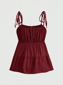 ROMWE Kawaii 正面系带荷叶边下摆娃娃装吊带上衣，学校款 - 酒紅色 - 查看 2