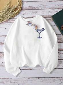 SHEIN Unity Áo hoodie lông cừu MARGARITA có áo dài tay in hình cocktail - trắng - Xem 2