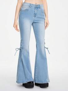 Kawaii Jeans con pierna acampanada y cordones laterales para mujer, para uso diario y escuela - Lavado ligero - Ver 3