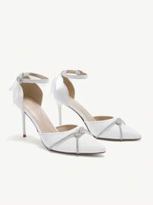 CUCCOO HITCHD Fashionable Pointed Toe High Heels With Thin Heels, White Wedding Shoes With Rhinestone And Bowknot For Women