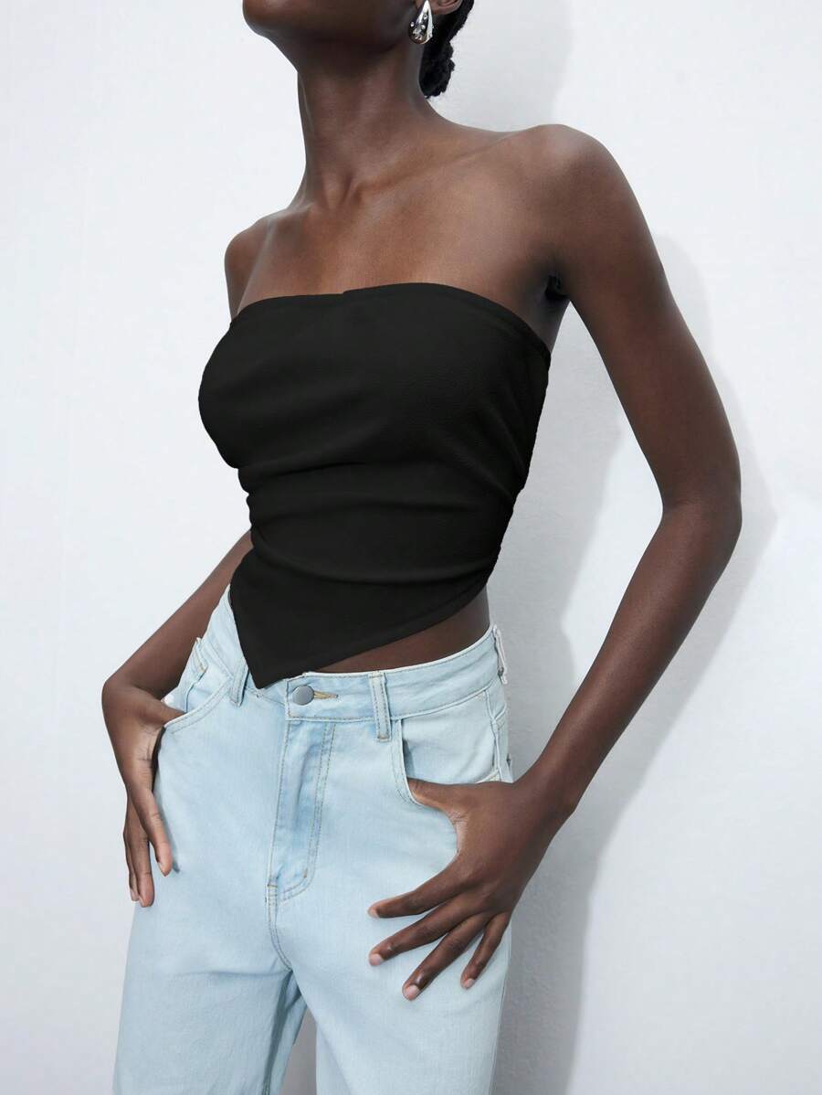 Maija Solid Asymmetrical Hem Bandeau Tube Top For Summer  Romantic, Fashion, Versatile; Suitable For Summer Vacation, Comfortable, Bohemian Style, Beach Wear, Swimsuit Cover-Up, Stylish, Elegant, Casual, , Simple Daily Wear, Country Style, Essential, Solid Color, Holiday Casual, Decent, Single Lady, Ideal For Vacation Elegant Fashion Business Casual Woman Going Out Tops Graduation Outfit European Summer Hawaii Outfits Women Summer Dresses For Women Streetwear Women Stockholm Style Teacher Outfits For Women - Black - View 1