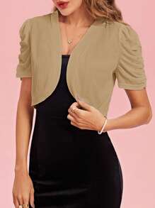 SHEIN Clasi Chaqueta ligera de manga abullonada y corta de unicolor para mujer, para primavera/verano y otoño/invierno - Albaricoque - Ver 3