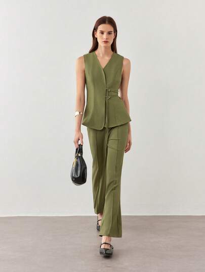 BizChic Women's Summer Casual Solid Color Vest Long Pants Suit