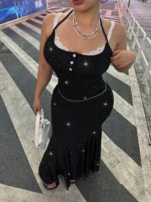 Flirla Plus Size Party Fashion Camisole Top With Skirt Set - Black - View 6