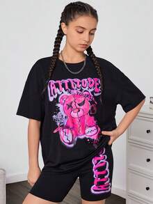 SHEIN Teen Nữ Họa Tiết Gấu Đen Graffiti Chữ Rời Áo Thun Và Quần Đi Xe Đạp Thể Thao Dạo Phố Casual 2 Bộ - màu đen - Xem 5