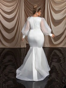 SHEIN Belle Plus Size White Luxury 3D Handmade Beaded Lace Applique Wedding Dress Bridal With Elegant Fish Tail And Long Train Long Sleeve Dress