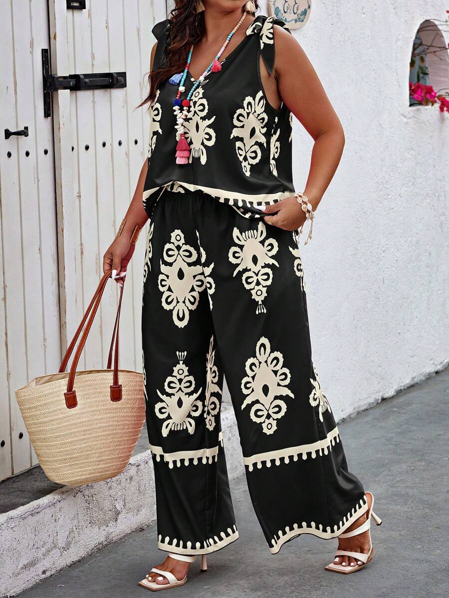 SHEIN CURVE+ Bộ quần dài và áo không tay cổ chữ V cỡ lớn in ngẫu nhiên, trang phục nghỉ hè thông thường - màu đen - Xem 1