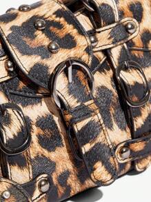 SHEIN X Lucía Bellido SHEIN ICON Women's Fashion New Sweet & Cool Y2K Heart Decor Vintage Motorcycle Tote Bag, Suitable For Girls, Street, Y2k, Retro Style, Top Handle, Shoulder Bag, Leopard Print, Animal Print, Heart, Biker Style, Bag For School, Teenagers