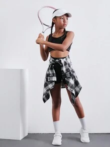 SHEIN 3 Stücke Strickfarben-Blockweste, Leggings und kariertes Hemd mit Kragen Freizeitoutfitset für Tween-Mädchen