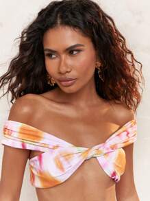 MISSGUIDED Tie-Dye Printed Ruched Bardot Bikini Top And High Leg Cheeky Bikini Bottom Swim Set Summer - Multicolor - View 3