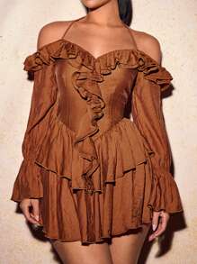 SHEIN SXY Vintage Princess Ballet Style Shades Of Brown Multi-Layered Ruffle Hem Mini Dress,Spaghetti Straps Backless Design,Seductive Autumn Date Night Dress - Brown - View 6