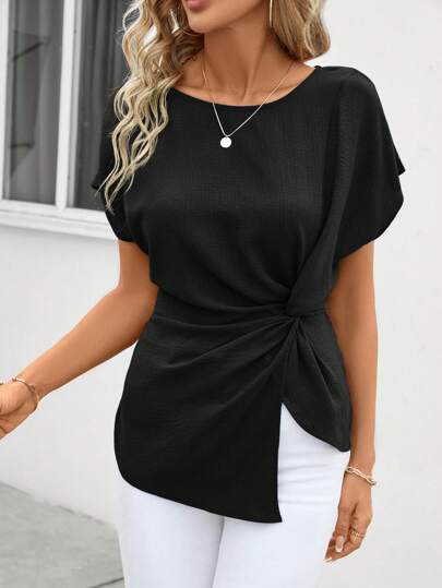 SHEIN Clasi 不對稱下擺打結紋理女襯衫