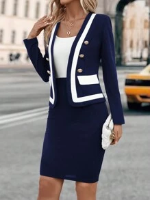 SHEIN Clasi Contrast Trim Button Detail Jacket & Bodycon Dress Black Two Pieces Set