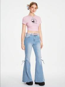 Kawaii Jeans con pierna acampanada y cordones laterales para mujer, para uso diario y escuela - Lavado ligero - Ver 2