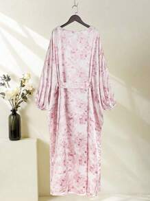 Mulvari 女士圆领印花腰带长袖土耳其束腰外衣和阿拉伯传统连衣裙