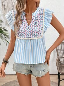 SHEIN VCAY Áo sọc in họa tiết cổ áo Ruffle Trim - Nhiều màu - Xem 1
